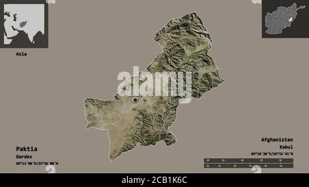 Shape of Paktia, province of Afghanistan, and its capital. Distance scale, previews and labels. Satellite imagery. 3D rendering Stock Photo