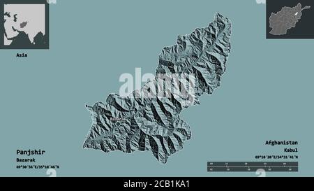 Shape of Panjshir, province of Afghanistan, and its capital. Distance scale, previews and labels. Colored elevation map. 3D rendering Stock Photo