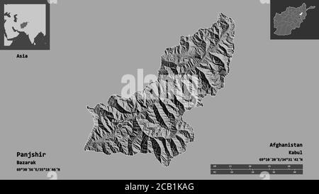 Shape of Panjshir, province of Afghanistan, and its capital. Distance scale, previews and labels. Bilevel elevation map. 3D rendering Stock Photo