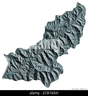 Shape of Panjshir, province of Afghanistan, with its capital isolated on white background. Colored elevation map. 3D rendering Stock Photo