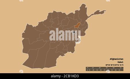 Desaturated shape of Afghanistan with its capital, main regional division and the separated Panjshir area. Labels. Composition of patterned textures. Stock Photo