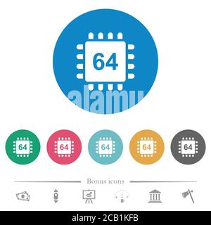 Microprocessor 64 bit architecture flat white icons on round color backgrounds. 6 bonus icons included. Stock Vector