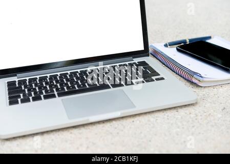 crumpled paper, notebook, computer and pencil Stock Photo