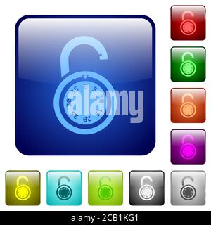 Unlocked round combination lock icons in rounded square color glossy button set Stock Vector