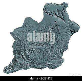Shape of Samangan, province of Afghanistan, with its capital isolated on white background. Colored elevation map. 3D rendering Stock Photo