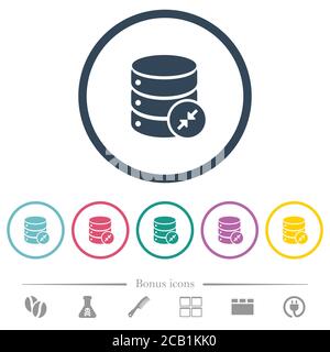 Shrink database flat color icons in round outlines. 6 bonus icons included. Stock Vector