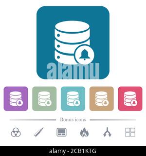 Database notifications white flat icons on color rounded square backgrounds. 6 bonus icons included Stock Vector