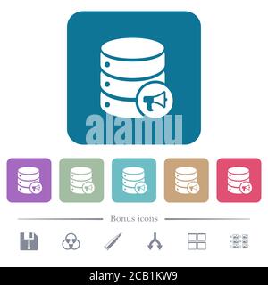 Database alerts white flat icons on color rounded square backgrounds. 6 bonus icons included Stock Vector