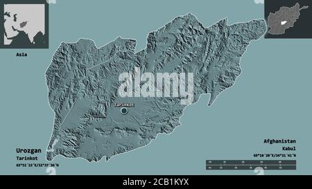 Shape of Urozgan, province of Afghanistan, and its capital. Distance scale, previews and labels. Colored elevation map. 3D rendering Stock Photo