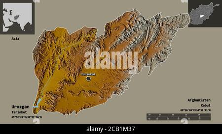 Shape of Urozgan, province of Afghanistan, and its capital. Distance scale, previews and labels. Topographic relief map. 3D rendering Stock Photo