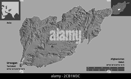 Shape of Urozgan, province of Afghanistan, and its capital. Distance scale, previews and labels. Bilevel elevation map. 3D rendering Stock Photo