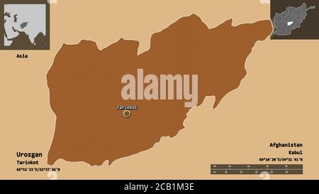 Shape of Urozgan, province of Afghanistan, and its capital. Distance scale, previews and labels. Composition of patterned textures. 3D rendering Stock Photo