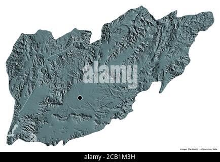 Shape of Urozgan, province of Afghanistan, with its capital isolated on white background. Colored elevation map. 3D rendering Stock Photo