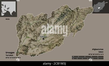 Shape of Urozgan, province of Afghanistan, and its capital. Distance scale, previews and labels. Satellite imagery. 3D rendering Stock Photo