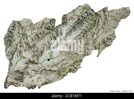 Shape of Urozgan, province of Afghanistan, with its capital isolated on white background. Satellite imagery. 3D rendering Stock Photo