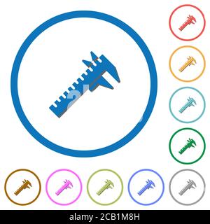 Caliper flat color vector icons with shadows in round outlines on white background Stock Vector