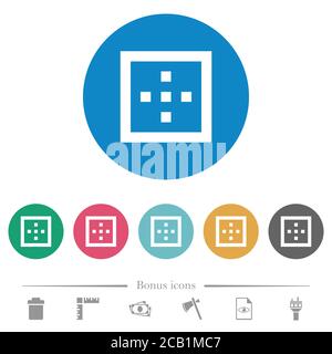 Outer borders flat white icons on round color backgrounds. 6 bonus icons included. Stock Vector