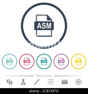 ASM file format flat color icons in round outlines. 6 bonus icons included. Stock Vector