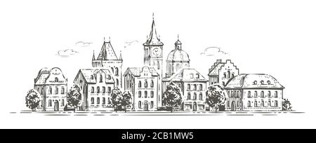 City view with historic buildings. Town sketch vector illustration Stock Vector