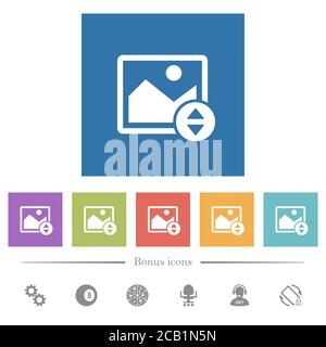 Vertically move image flat white icons in square backgrounds. 6 bonus icons included. Stock Vector