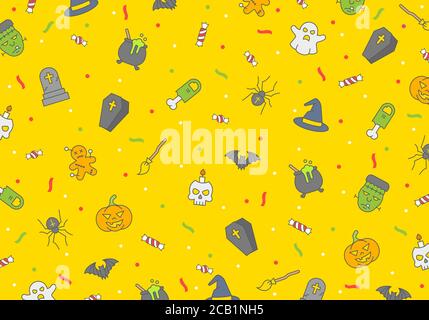 Halloween seamless vector pattern, horror elements, halloween poster with ghosts, bats, pumpkin, skulls and zombies on yellow background. Stock Vector