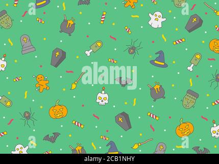 Halloween seamless vector pattern, horror elements, halloween poster with ghosts, bats, pumpkin, skulls and zombies on green background. Stock Vector
