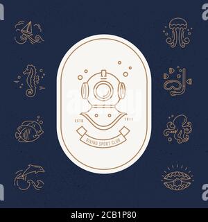 Modern vector illustration of undersea life. Flat icons with sea creatures and symbols. Stock Vector