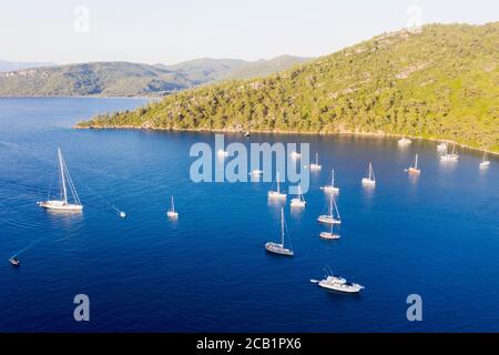 Aerial view of Karacasogut Cove with anchored boats, Gokova Bay Special Environment Protected Area Mugla Turkey