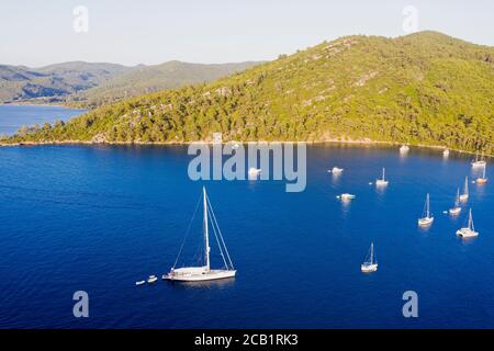 Aerial view of Karacasogut Cove with anchored boats, Gokova Bay Special Environment Protected Area Mugla Turkey