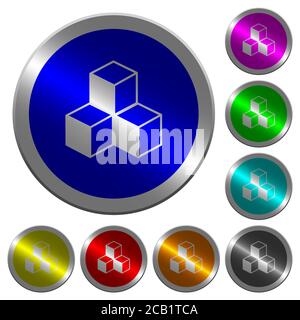 Cubes icons on round luminous coin-like color steel buttons Stock Vector