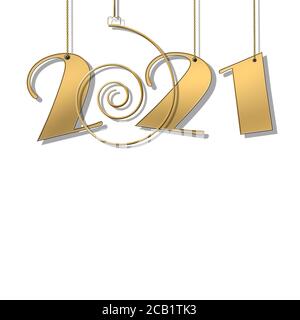 Luxury Happy New 2021 Year design with hanging 2021 digits, gold spiral on white background. Winter holidays graphic, web design, business card. Copy Stock Photo