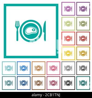Steak for lunch flat color icons with quadrant frames on white background Stock Vector