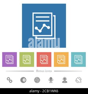 Report with graph flat white icons in square backgrounds. 6 bonus icons included. Stock Vector