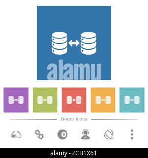 Syncronize databases flat white icons in square backgrounds. 6 bonus icons included. Stock Vector