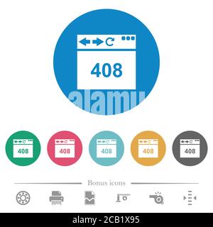 Browser 408 request timeout flat white icons on round color backgrounds. 6 bonus icons included. Stock Vector