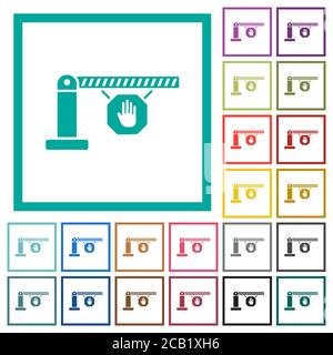 Closed barrier with stop sign flat color icons with quadrant frames on white background Stock Vector