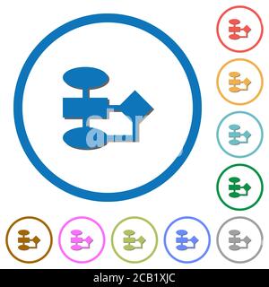 Flowchart flat color vector icons with shadows in round outlines on white background Stock Vector