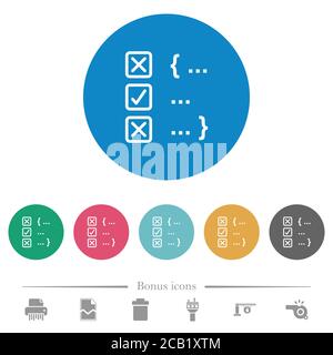 Source code checking flat white icons on round color backgrounds. 6 bonus icons included. Stock Vector