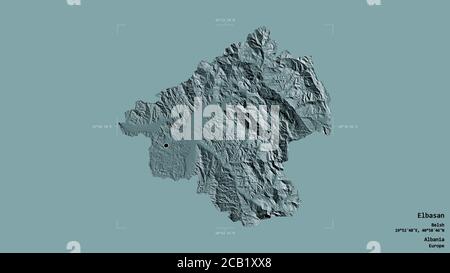 Area of Elbasan, county of Albania, isolated on a solid background in a georeferenced bounding box. Labels. Colored elevation map. 3D rendering Stock Photo