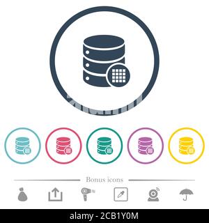 Database table cells flat color icons in round outlines. 6 bonus icons included. Stock Vector