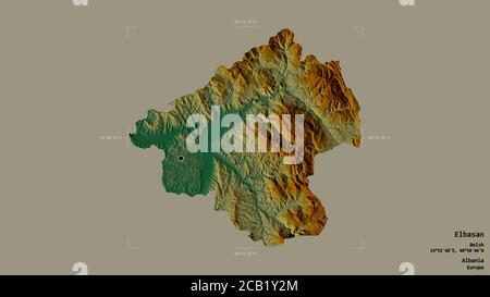 Area of Elbasan, county of Albania, isolated on a solid background in a georeferenced bounding box. Labels. Topographic relief map. 3D rendering Stock Photo