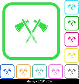 Two tomahawks vivid colored flat icons in curved borders on white background Stock Vector