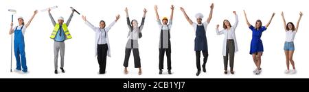 Group of happy people with arms raised representing diverse professions including house painter, worker, architect, doctor, businesswoman, teacher, co Stock Photo