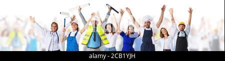 Group of happy people with arms raised representing diverse professions over defocused crowd of people, isolated on white background Stock Photo