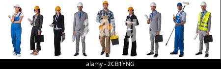 Collection of full length portraits of construction industry workers. Design element, studio isolated on white background Stock Photo