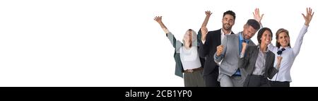 Successful excited business people group team, young businesspeople standing together smile hold fist ok yes gesture with raised hands arms, studio is Stock Photo