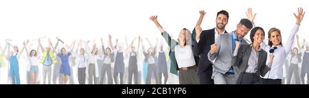 Successful excited business people group team in front of crowd of different industries professions people cooperation job search staff management con Stock Photo