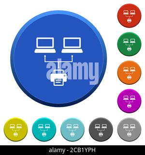 Network printing round color beveled buttons with smooth surfaces and flat white icons Stock Vector
