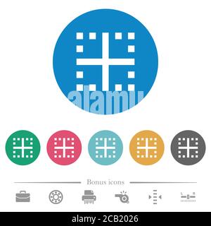 Inner borders flat white icons on round color backgrounds. 6 bonus icons included. Stock Vector
