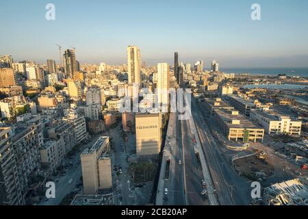 Beirut, Lebanon - August 05 2020: Aerial view of Beirut destruction as ...